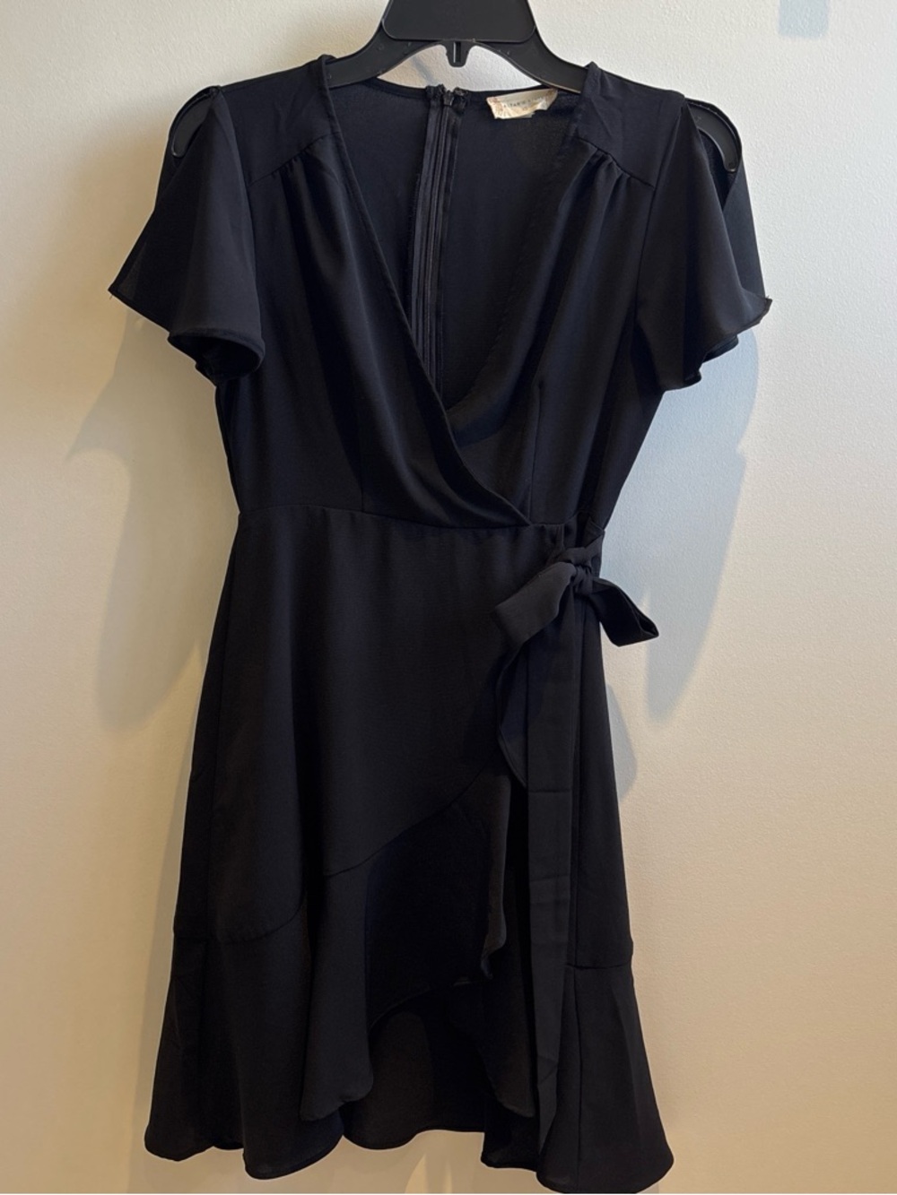 Altar’d State Black Wrap-Style Short Dress with Flutter Sleeves